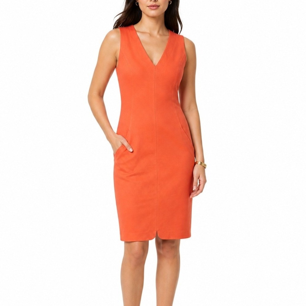 Banana Republic Coral Red Orange V-Neck Sleeveless Sheath Dress Size 0 Pockets